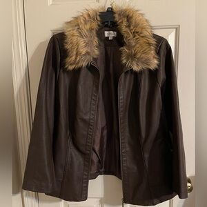 Avenue Brown Faux Leather Jacket with  Changeable Collar  18/20